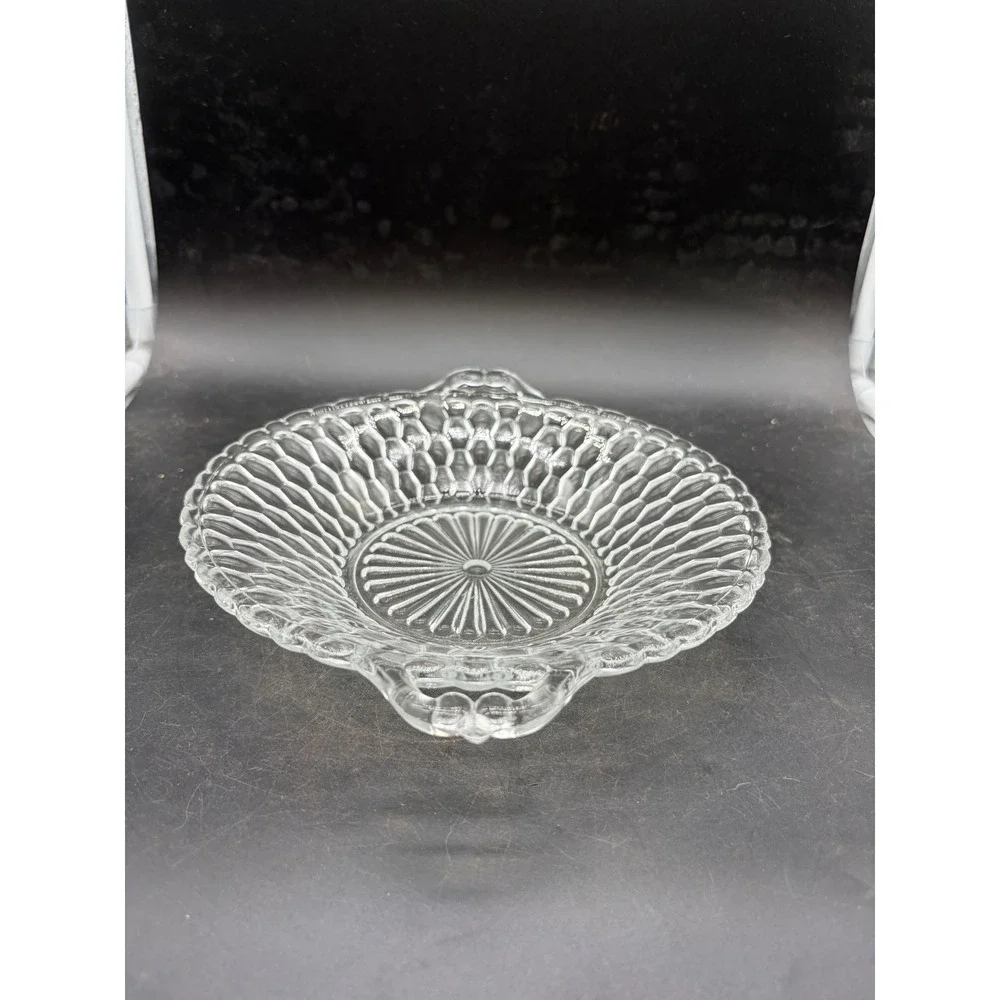 Vintage Clear Pressed Glass Honeycomb Bowl Scalloped Edge Double Handle 11 inch